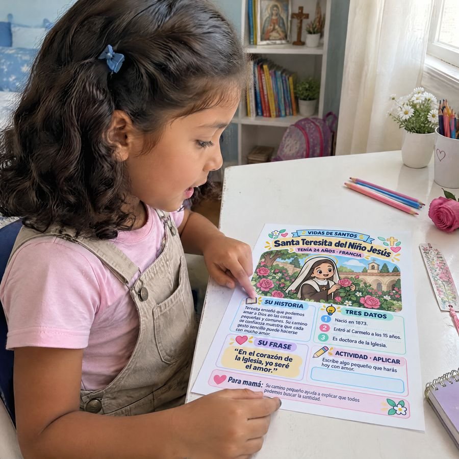 Niña leyendo la hoja de Santa Teresita del Niño Jesús