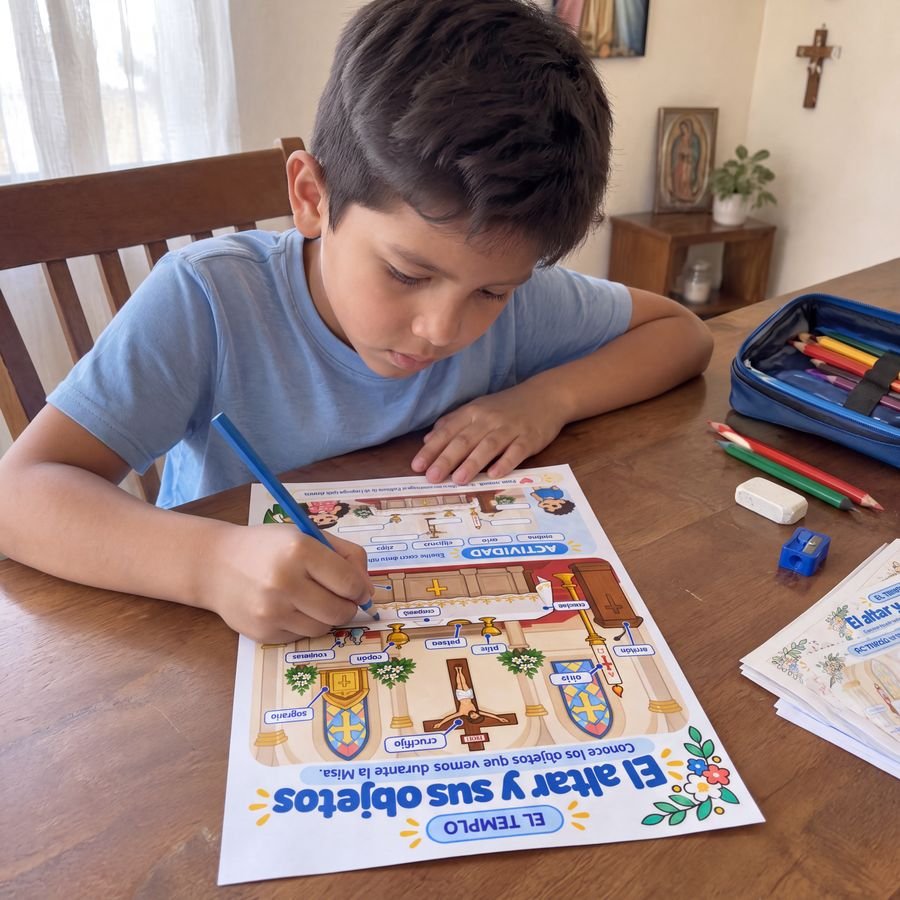 Niño escribiendo los nombres de los objetos del altar
