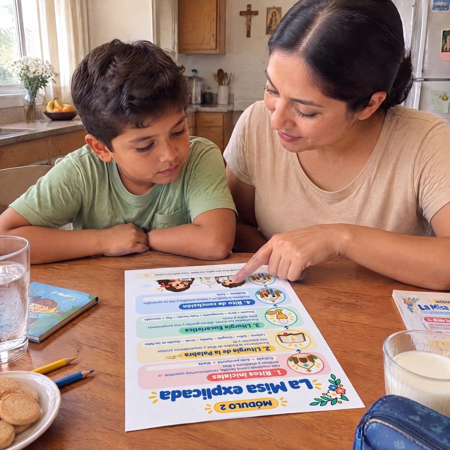 Mamá y su hijo revisando juntos la hoja de La Misa explicada